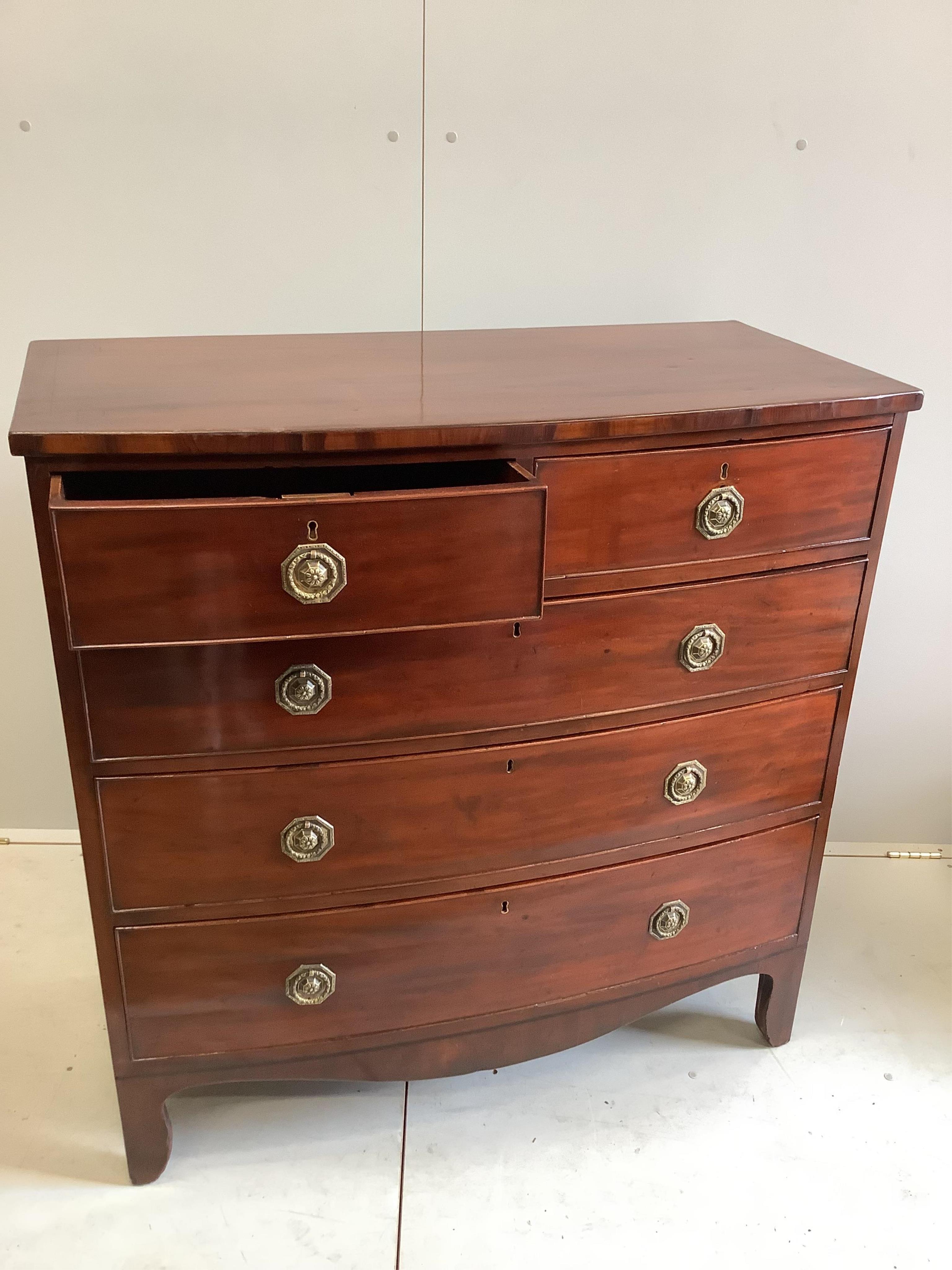 A Regency inlaid mahogany bowfront chest, width 106cm, depth 53cm, height 107cm. Condition - good